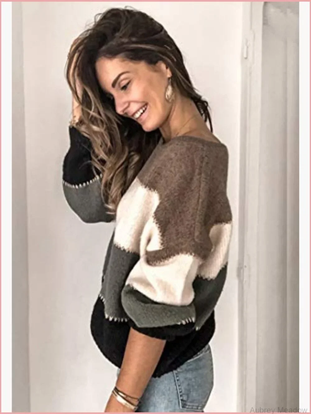 Casual Long Sleeve Crewneck Color Block Patchwork Knit Pullover Sweater Top